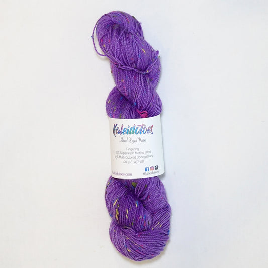 Hand-dyed yarn in rich violet tones with colorful flecks — bold, expressive, and full of contrast.