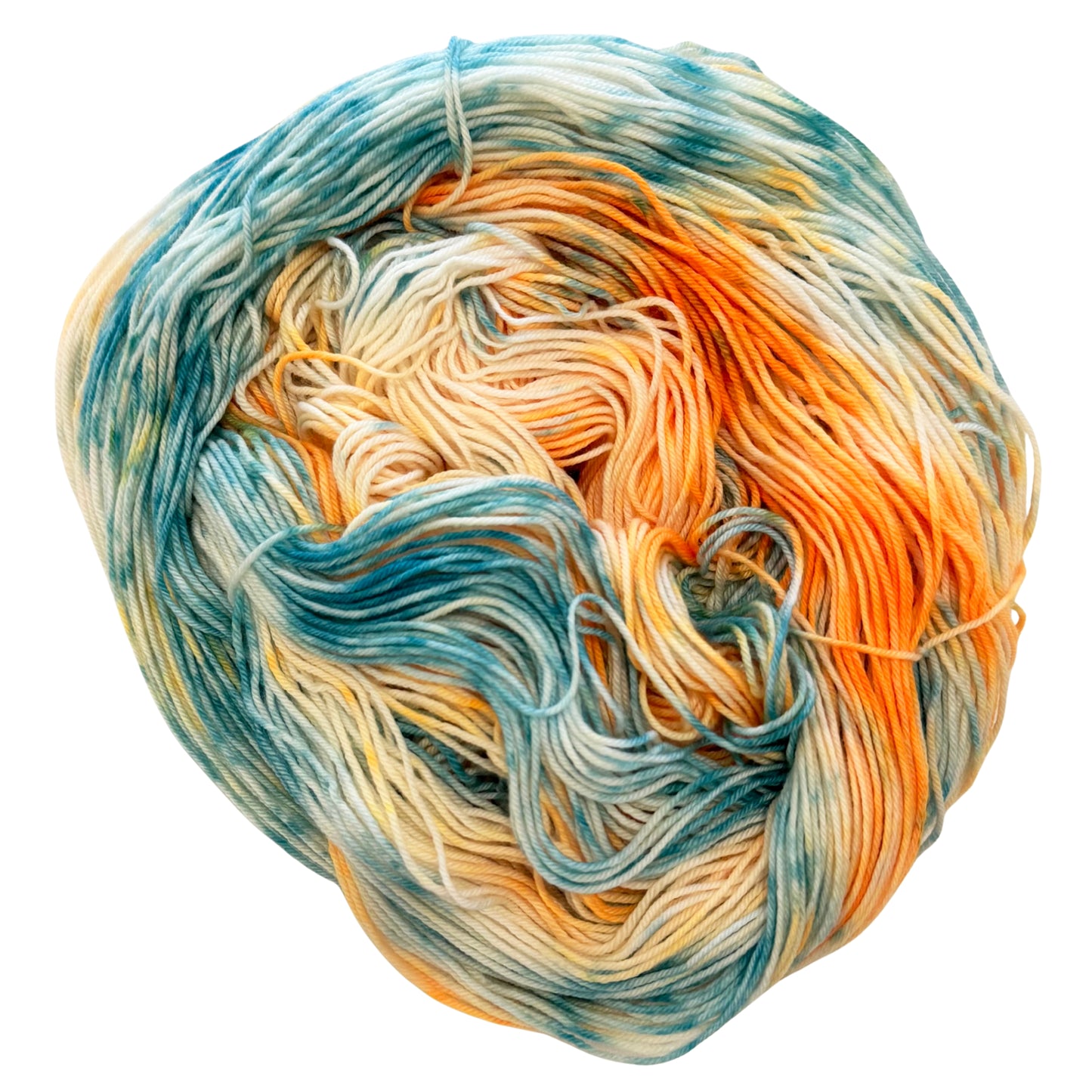 Hand-dyed fingering weight yarn in soft aqua, teal, golden orange, and cream with fluid variegated movement inspired by koi fish.
