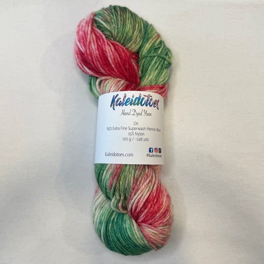 Hand-dyed yarn in shades of evergreen, crimson, and ivory — festive and playful like holiday ribbons intertwined.

