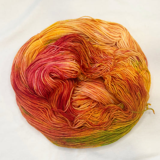 Hand-dyed yarn in amber, rust, and mossy green — inspired by autumn foliage and cozy fall adventures.