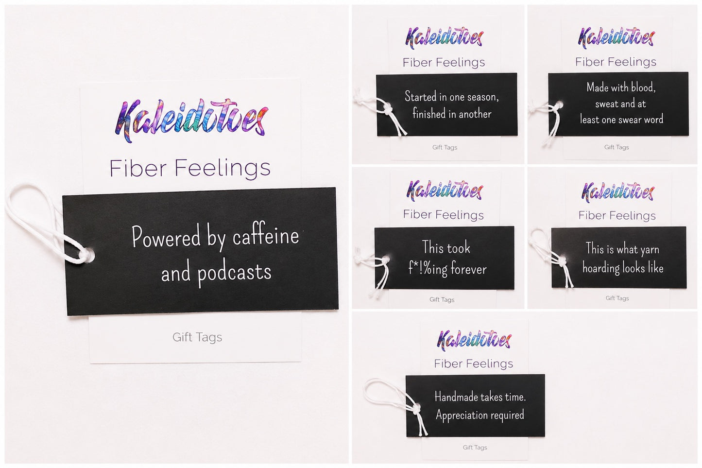 Kaleidotoes Fiber Feelings gift tags with funny sayings for handmade knit and crochet gifts