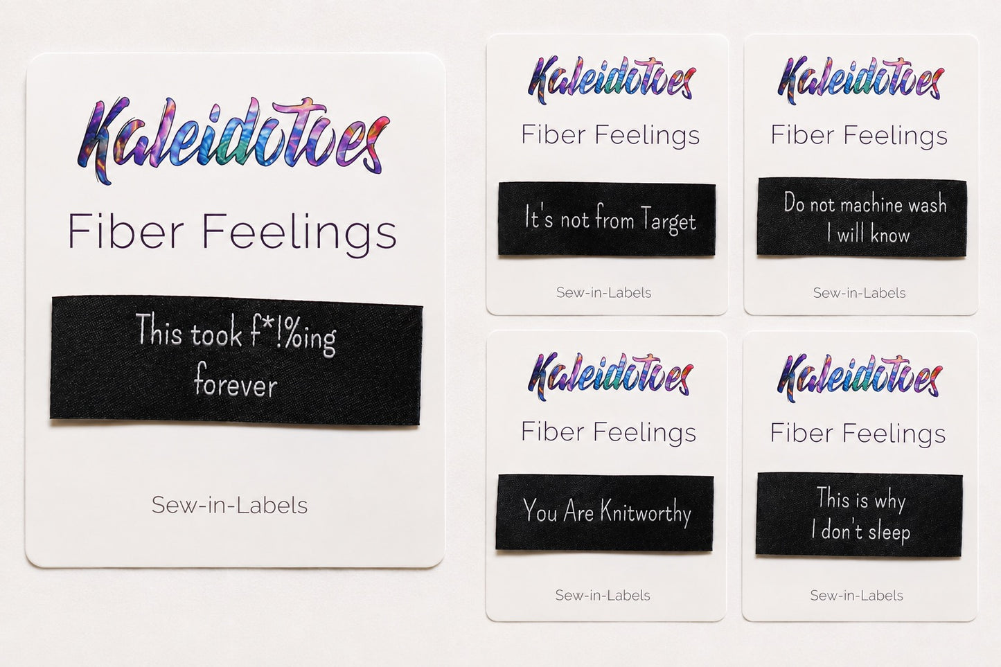 Kaleidotoes Fiber Feelings sew-in labels for handmade garments featuring five funny knitting and maker sayings