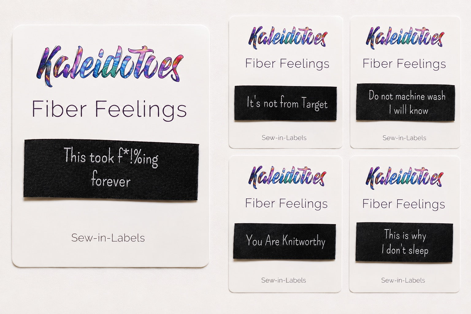 Kaleidotoes Fiber Feelings sew-in labels for handmade garments featuring five funny knitting and maker sayings