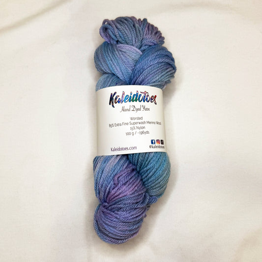 Hand-dyed yarn in soft periwinkle, lavender, and misty blue — tranquil and airy like a clear morning sky.