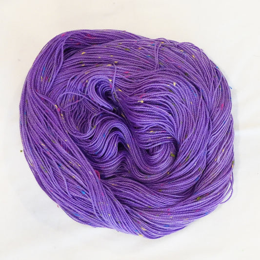 Hand-dyed yarn in rich violet tones with colorful flecks — bold, expressive, and full of contrast.