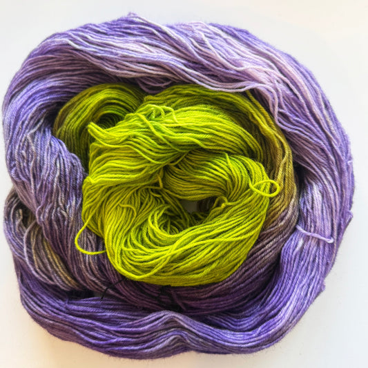 Indie dyed yarn skein, Wisteria Zest, variegated greens and violets.